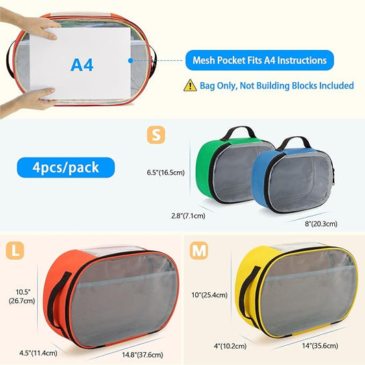 Rexmica 4pcs Toy Storage Organizer Bag for Building Bricks, Travel Bag for Building Blocks, Puzzle, Car Toy, Magnetic Toys, Dolls, Board Game Storage Organizer Case Container