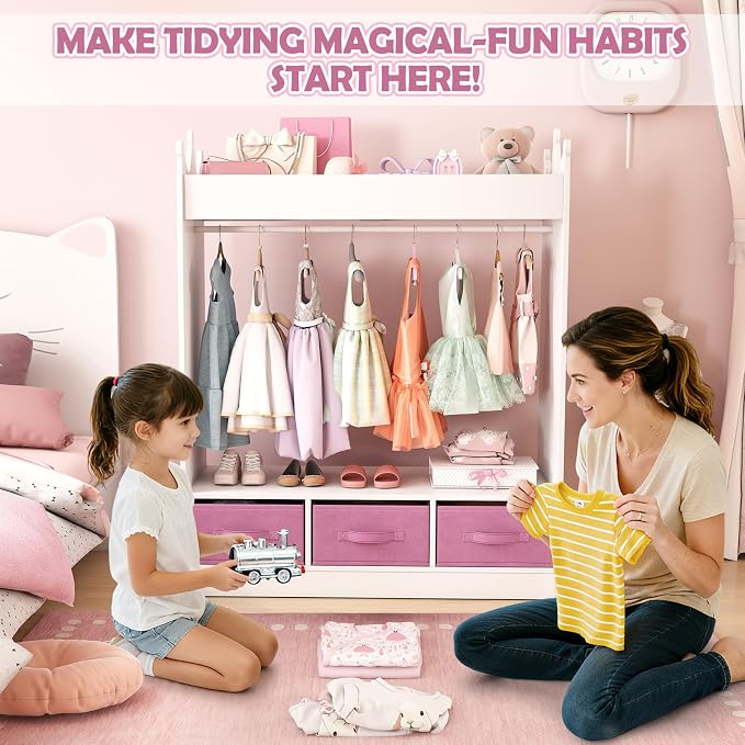 COSVALVE JOYLDIAS Kids Dress Up Storage with Mirror and Drawers, Kid Armoire Dresser, Pretend Storage Closet for Kids, Costume Wardrobe with Top Shelf for Playroom Bedroom, Lovely White