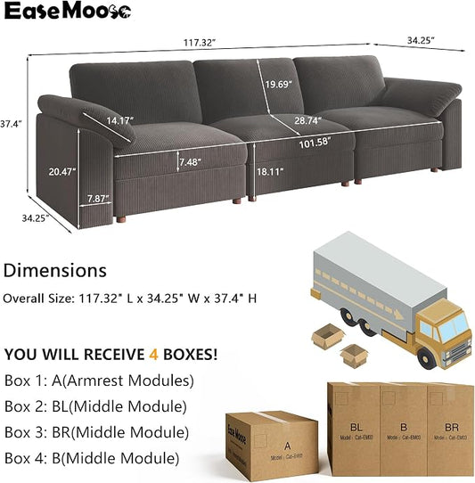 EASE MOOSE Oversized Sectional Modular Sofa,Comfty 3 Seat Cloud Couch,Modern Deep Seat Sectional for Living Room,Dark Gray