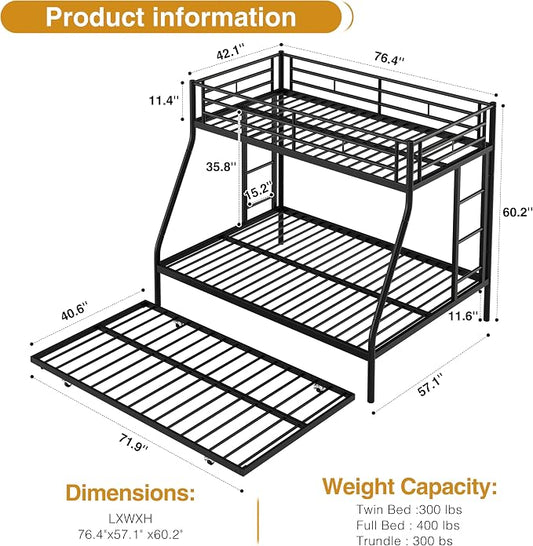 Nuturelly Metal Bunk Bed Twin Over Full with Trundle, Heavy Duty Steel Frame Bunk Bed Frame with Safety Guardrails & Ladder, Space Saving 3 Beds for Kids, Teens, Dorm, Black