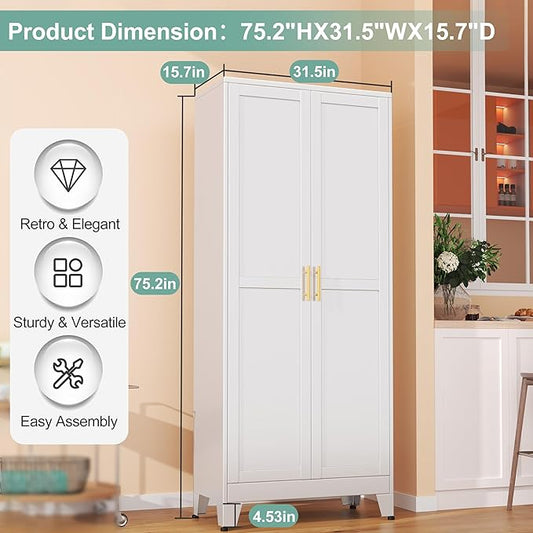 Metal Pantry Cabinet with 2 Doors and 5 Adjustable Shelves, 75"Kitchen Storage cabinets with Gold Handles, Versatile Storage for Laundry Room, Living Room, Bathroom, Dinning Room, Utility Room-White