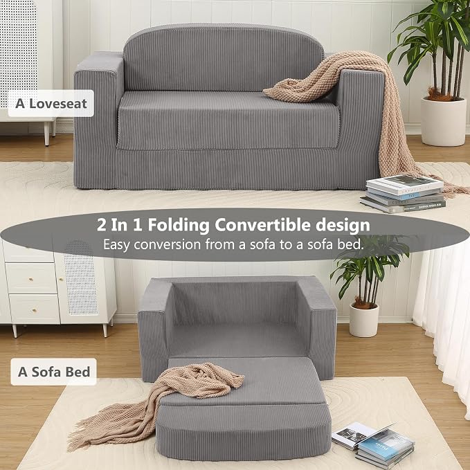 MeMoreCool Convertible Sofa Bed, Pull Out Loveseat Sleeper Sofa, Small Boneless Cloud Couch Bed for Adults, Fold Out Foam Love Seat, Corduroy Folding Floor Couch for Bedroom, Light Grey