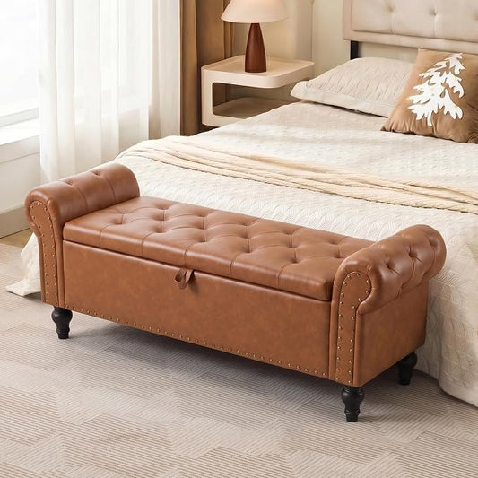 51" Storage Bench for Bedroom, Upholstered Ottoman Bench, Leather Brown | End of Bed Bench for Bedroom, Window Benches for Living Room, Entryway, Ottoman with Large Storage Space, Pet Friendly