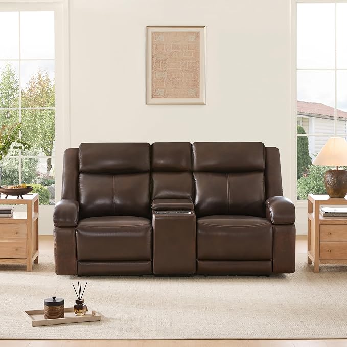 Watson & Whitely Genuine Leather Power Loveseat Recliner Sofa, Wall Hugger Loveseat Reclining Sofa with Storage Console, Power Headrest, Cup Holders, Dual Recliners for Living Room, RV, Dark Brown