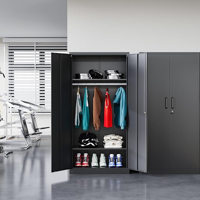 BYNSOE Metal Armoire Wardrobe Closet with 2 Doors 72'' Wardrobe Cabinet with Hanging Rail Metal Closet with Adjustable Shelves for Bedroom.Require Assembly (Black)
