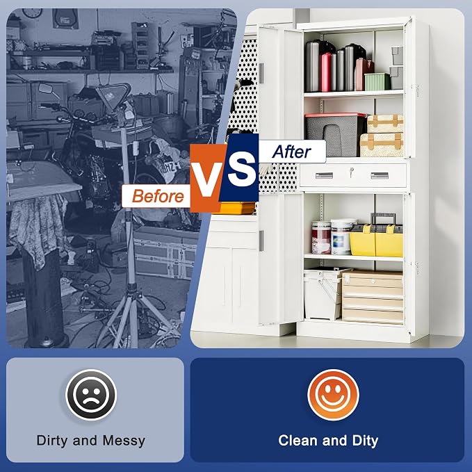 BESFUR Metal Storage Cabinet with a Drawer 4 Doors and 2 Adjustable Shelves Garage Storage Cabinet with Lock 71" Office Storage Cabinets Locking Cabinets for Garage Office Shop Home (White)