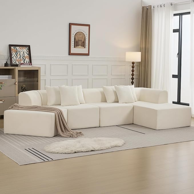 140''Oversized Cloud Velvet Curved Sectional Couch, Boneless Couch with L-Shape Chaise, Upholstered Compression Memory Foam Modular Sectional Sofa for Living Room, No Assembly Required, White