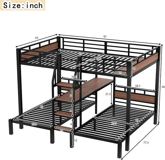 Queen Over Twin Over Twin Metal Bunk Bed, Triple Metal Bunk Bed with Storage Shelves and Wide Storage Stairs for Kids & Adults (Black, Queen Over Twin Over Twin)