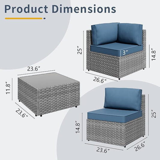 SUNLEI 5 Piece Patio Furniture Sets, Low Back All-Weather Rattan Sectional Sofa with Tea Table&Washable Couch Cushions, Patio Furniture Sets, Silver Rattan
