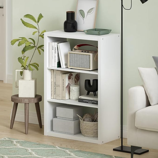 Furinno Viola Book Shelf, 3-Tier Bookshelf, Extra Thick Frame Bookcase with Open Shelf, Open Back Design, 11.3" x 23.2" x 35.9", for Living Room, Bedroom, Home Office, White