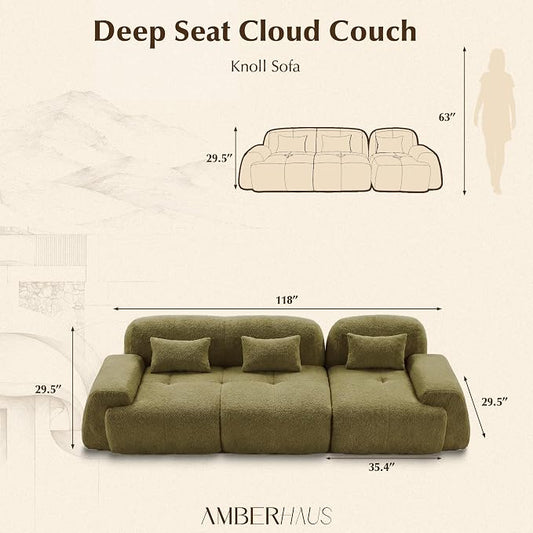 118'' Modular Sectional Cloud Couch Boneless Couches, Oversize Curved Sectional Couches for Living Room, Deep Seat Couch Lambswool Sofa with Ottoman & Throw Pillows, No Assembly, HR Foam