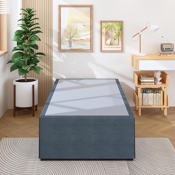 Lutown-Teen 18 Inch Twin XL Bed Frames with Fabric Bed Cover, Heavy Duty Sturdy Metal XL Twin Platform Bed Frame No Box Spring Needed, Noise Free, Easy Assembly, Black and Blue