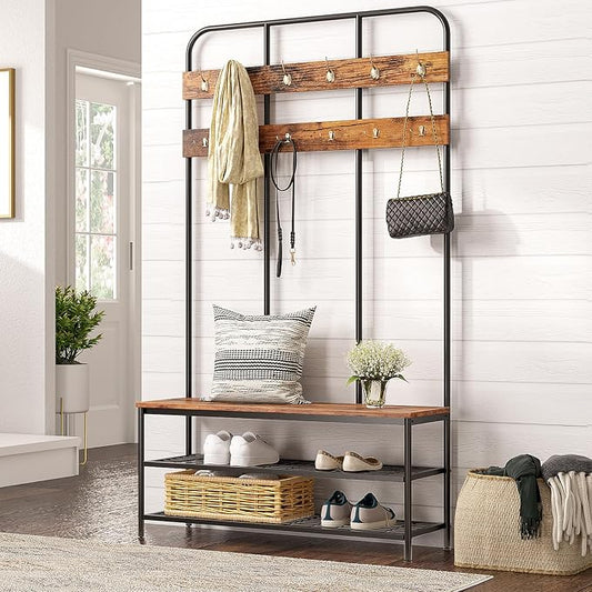 HOOBRO Hall Tree with Bench, Entryway Bench with Coat Rack, Mud Room Rack with 12 Double Hooks and Shoe Storage, Coat Tree, Shoe Rack Organizer, for Foyer, Front Door, Rustic Brown BF05MT01