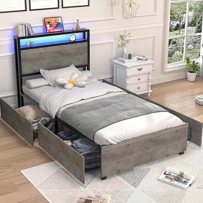 Kiivakii Twin Size Bed Frame with 4 Storage Drawers, LED Platform Bed with Headboard, Built in Charging Station, Noise-Free, Metal Support Base, No Box Spring Needed, Gray