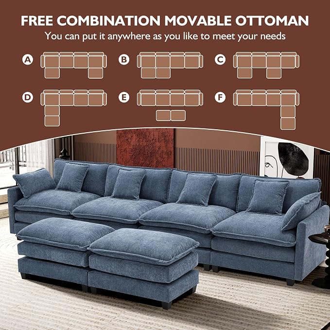 Ihanherry 146" U-Shaped Modern Sofa Modular Sectional Cloud Couch with 2 Ottoman, 6-Seat Chenille Deep Seat Sofa with 6 Pillows for Living Room, Bedroom and Apartment, Blue