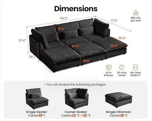 115" Oversized Corduroy Couch Modular Sectional Sofa, Washable Cloud Couch Sectional with 3 Ottoman, 6 Seater Sectional Couches for Living Room, Fully Cover Removable, Sleeper Sofa, Corduroy, Black