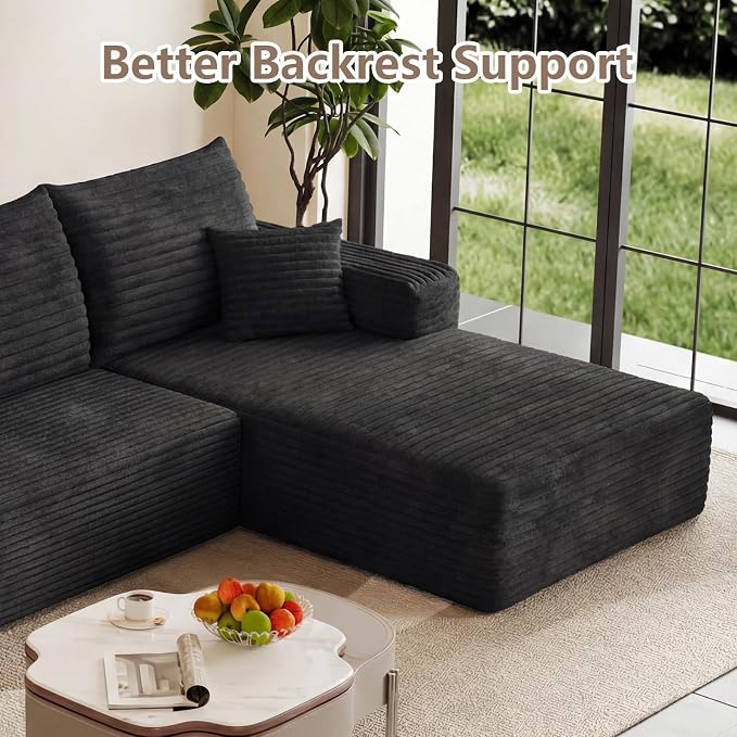 95" Cloud Sectional Couch U-Shaped Chaise with Ottoman, Corduroy Boneless Couch for Living Room Bedroom, Deep-Seat Upholstered Modular Cloud Sofa, No Assembly Required (Black, Right Facing Chaise)