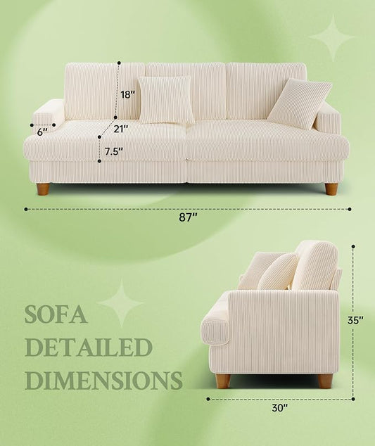 Welzona 87.2" Couches for Living Room, Comfy Beige Couch 7.5" Extra Thick Cushion, Sofas for Living Room Tool-Free Setup, Loveseat Sofa 848lbs Support, Corduroy Couch for Bedroom, Apartment, Office