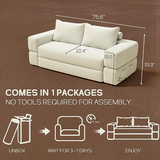 75'' Folding Convertible Sofa Bed with Large Pillow, 4-in-1 Foldable Pull Out Futon Sofa Bed, Chenille Boneless Mattress Couch, No Assembly Floor Sleeper Sofa Bed for Living Room/Bedroom, Beige