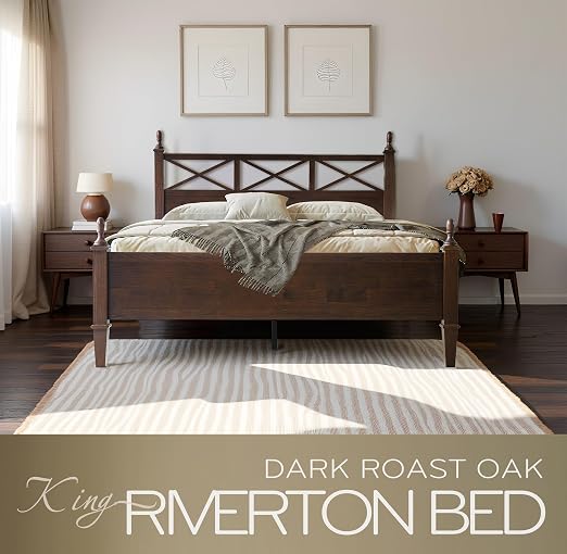 King Size Solid Wood Platform Bed Frame with Headboard & Footboard, 12 Durable Slatted Base with Metal Legs, Easy Assembly, Slip-Free & Anti-Noise, No Box Spring Needed, Dark Roast Oak Finish RIK-32