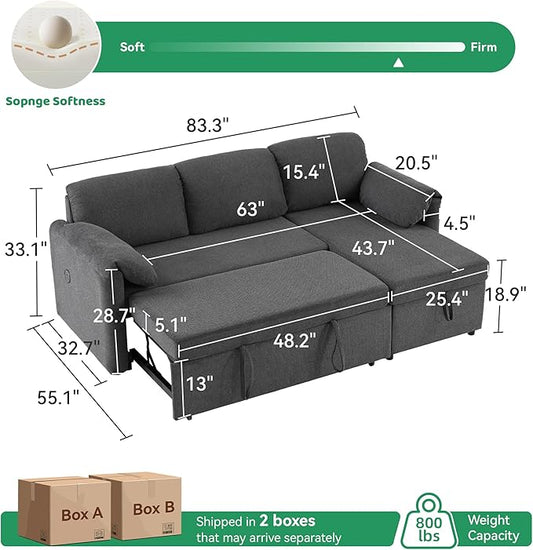 Tbfit Pull Out Sofa Bed with Chair, 3 in 1 Sleeper Sofa Couch with USB & Storage Chaise, Comfy Convertible Sleeper Sofas for Living Room, Small Spaces, Dark Gray
