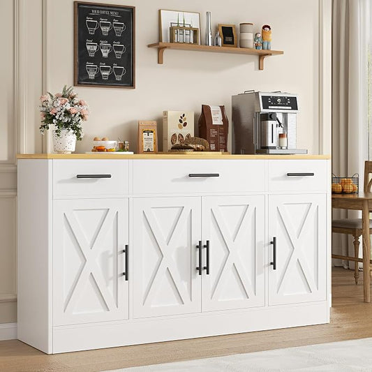 Vongrasig Buffet Cabinet with Storage, Farmhouse Coffee Bar Cabinet with Drawers, 53” Large Modern Sideboard Buffet with Adjustable Shelves for Kitchen, Dining Room, White