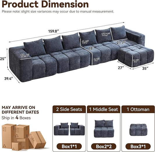 160" Boneless Couch, Oversized Cloud L Shaped Couch, Modular Sectional Sofa with Deep Seat, Modern 6 Seater Sectional Couches for Living Room Bedroom, Tufted Sofa, No Assembly Required, Blue