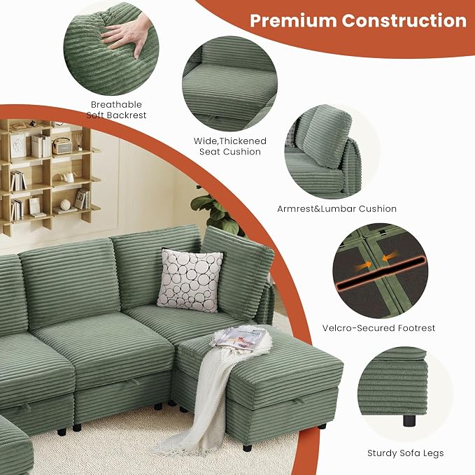 KKL Modular Sectional Couches V-Shaped 6 Seater Sofas with Storage Ottoman for Living Room, Convertible L/J-Shaped Modular Sectional Sofa Bed Plush Wide-Wale Corduroy Couch, Apartment, Green