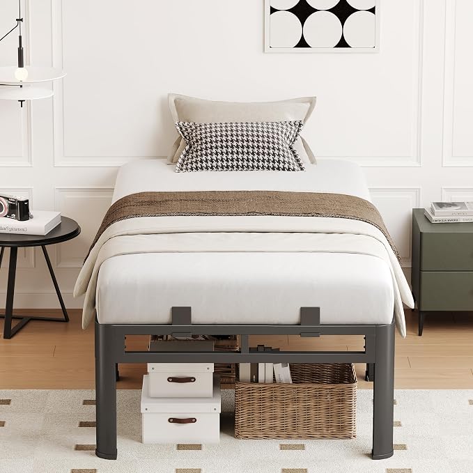 18 Inch Twin Bed Frames Heavy Duty, Metal Double Layer Steel 4000 lbs Capacity, Platform with Large Under Bed Storage Space, No Box Spring Needed, Noise-Free, Easy Assembly