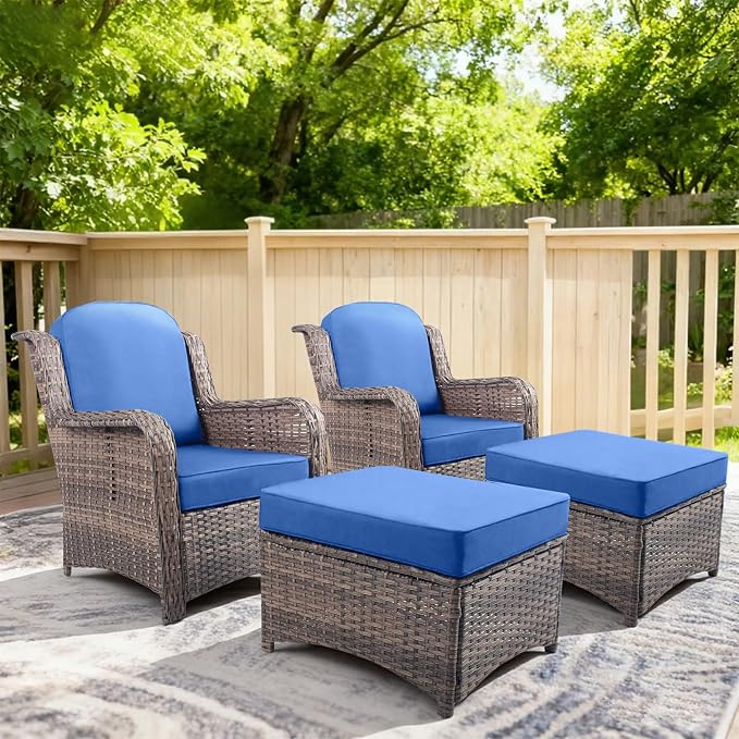 4 Piece Outdoor Wicker Patio Furniture Set, Patio Chairs Set with Thickened Cushions, High Back and Deep Seating, Hand-Woven Rattan, Ottoman for Porch, Deck, Blue