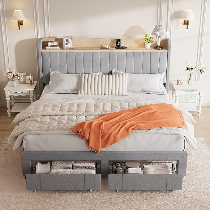 Garvee Upholstered Bed Frame King Size with Storage Headboard and Charging Station, Platform Bed Frame with Drawers, Heavy Duty, No Box Spring Needed, Easy Assembly, Light Grey