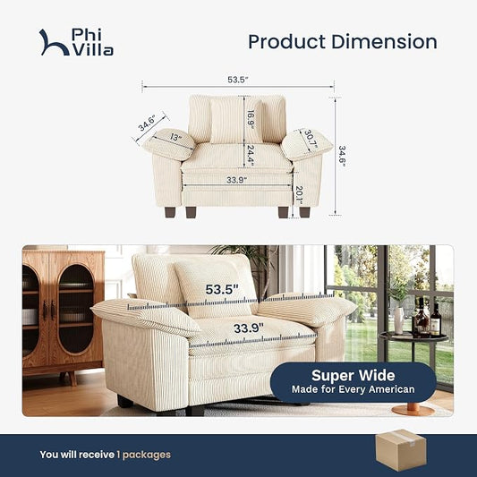 PHI VILLA Oversized Single Sofa Chair with Deep Seat, Cloud Upholstered Reading Armchair, 1 Seater Comfy Sofa Chair for Bedroom Nook, Corduroy, Beige