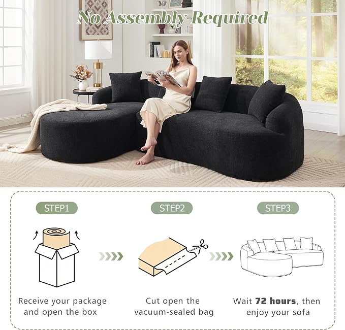 99" Curved Sofa with L-Shape Chaise,Modern Cloud Curved Couch with Deep Seat,No Assembly Required,Upholstered Oversized Couches for Living Room,Apartment (Black, 99Inch)