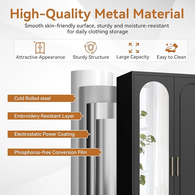 Polup Metal Armoire Wardrobe Closet with Mirror, 71" Tall Steel Clothing Storage Cabinet with Doors, Hanging Rod and Adjustable Shelves, Freestanding Clothes Organizer for Bedroom, Office, Black