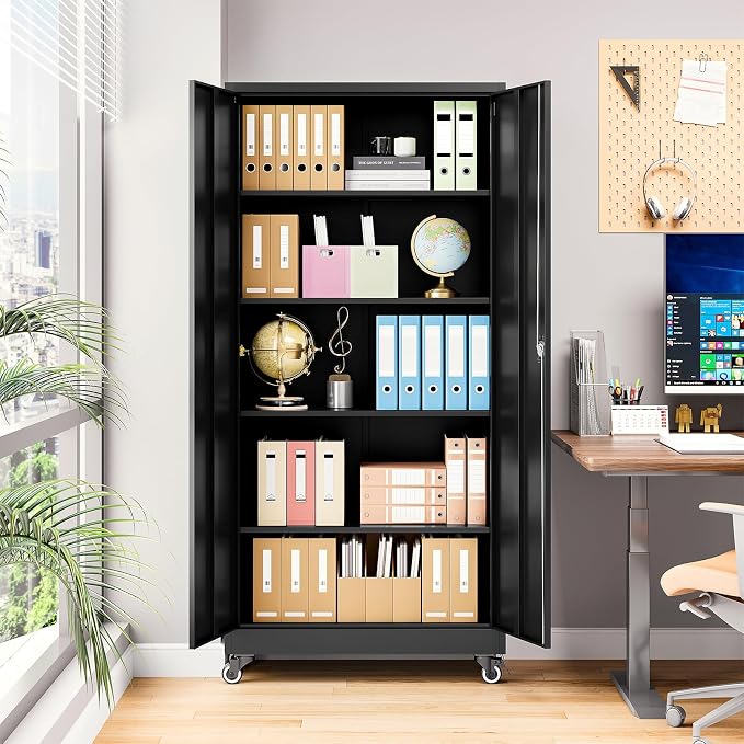 Metal Garage Cabinet with Wheels, 74.5" Tall Lockable Storage Cabinet with 4 Adjustable Shelves and 2 Doors, Tool Cabinet for Garage Home Office,Gym,School(Black)