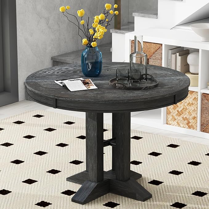 LUMISOL 42"-58" Extendable Round Dining Table for 4-6, Farmhouse Oval Kitchen Table with Removable Leaf for Kitchen, Dining Table, Small Space, Black