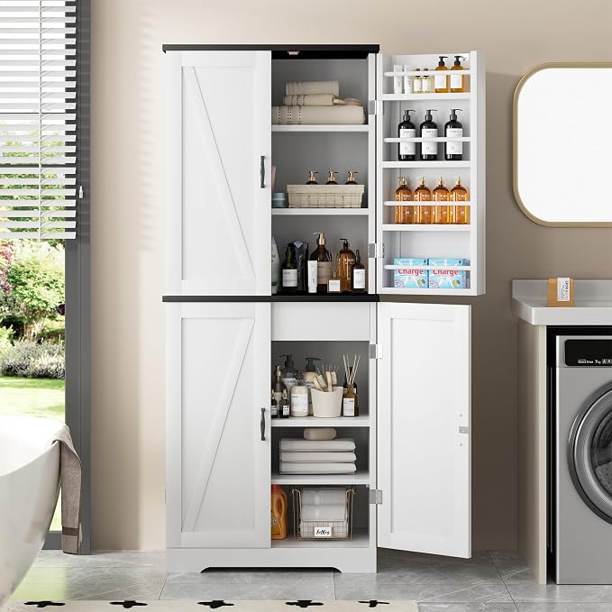 Shintenchi Kitchen Pantry Cabinet, Freestanding Farmhouse Storage Cabinet with 8 Door Shelves, 2 Cabinets and 1 Drawer, Tall Cupboard for Kitchen, Living Room, Dining Room and Bathroom, White