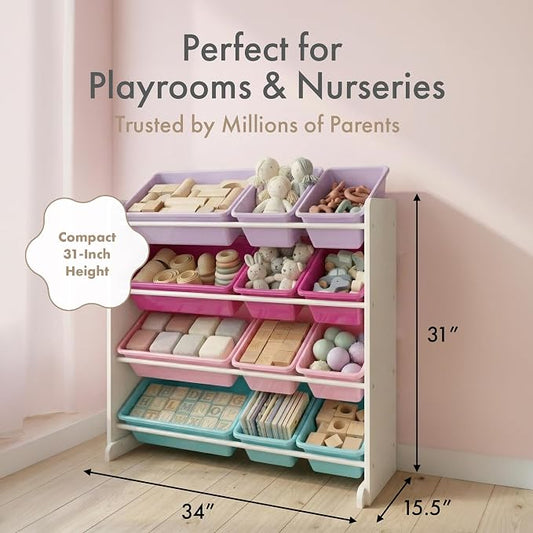 Humble Crew Toy Storage Organizer with 12 Removable Storage Bins for Kids Playroom, 4-Tier Toddler Toy Organization, White/Pink/Purple/Turquoise