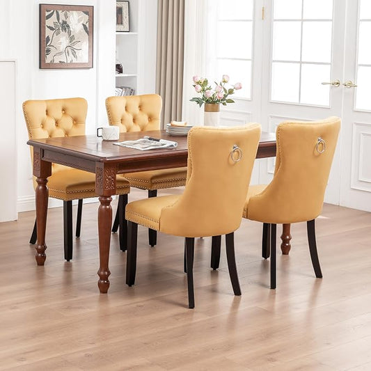 Mid Century Modern Dining Chair Set of 4 Velvet Upholstered Dining Accent Chair Farmhouse Dining Chairs with High Back and Nailhead Trim for Kitchen, Living Room, Bedroom (Gold)