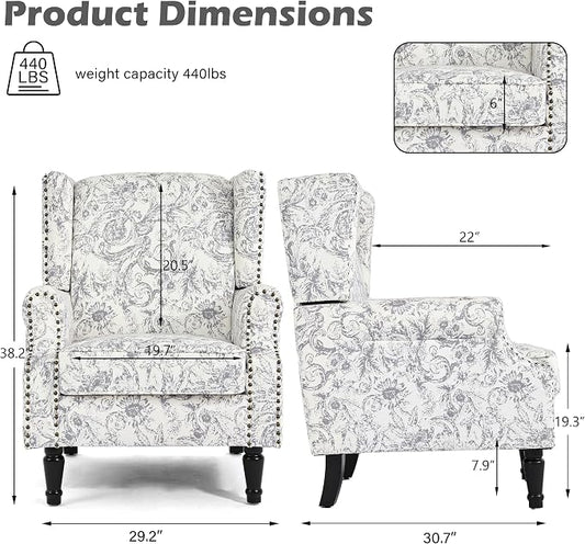 High Back Floral Accent Chairs Set of 2, Fabric Wingback Chair Upholstered Armchair for Living Room - Rococo Light Gray