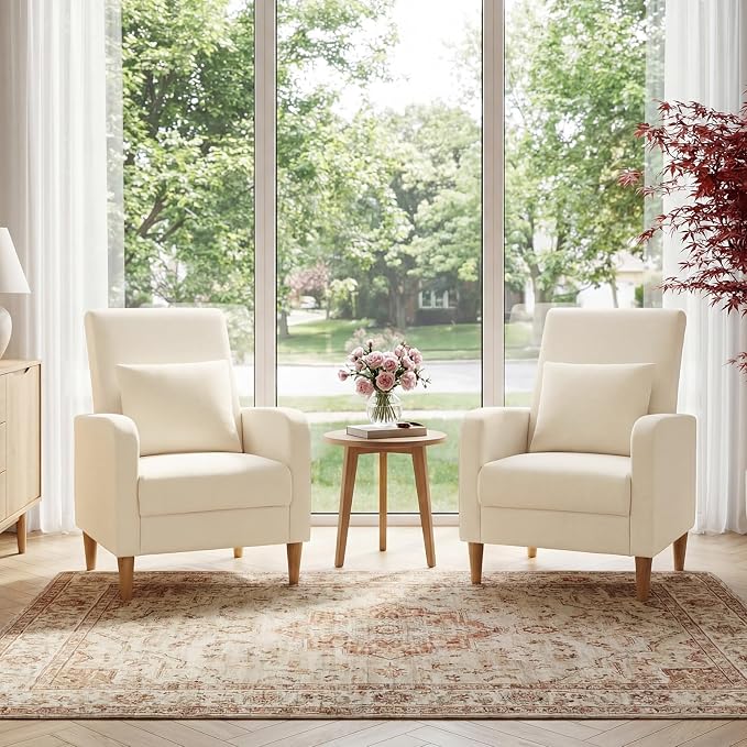 COLAMY Mid-Century Modern Upholstered Accent Chair with Back Pillow & Solid Wood Legs, Fabric Cozy Armchair for Living Room, Bedroom, Reading Nook, Apartment & Small Spaces, White