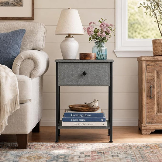VECELO Nightstand,Modern Bedside End Table, Night Stand with Drawer and Storage Shelf for Living Room Bedroom, Industrial Metal Frame
