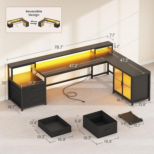 SEDETA L Shaped Gaming Desk, 78.7” Large Computer Desk with Drawers and Power Outlet & LED Light, Corner Gaming Desk with Storage Shelves, Display Cabinet for Home Office, Black