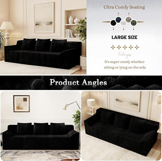 71" Corduroy Living Room Sofa, 3 Setaser Deep Seat Couch with 3 Lumbar Pillows, Comfy Boneless Sofa Modern Compressed Couch for Bedroom, Office, Apartment, No Assembly, Curved Armrests (Black)