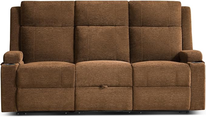 GUEAPY Large Manual Reclining Sofa 3-Seater Chenille Recliner Couch with Cup Holders, Wide Seat, Easy Assembly & Spill-Resistant Fabric Cozy Reclining Sofa for Living Room, Apartment, RV, Brown