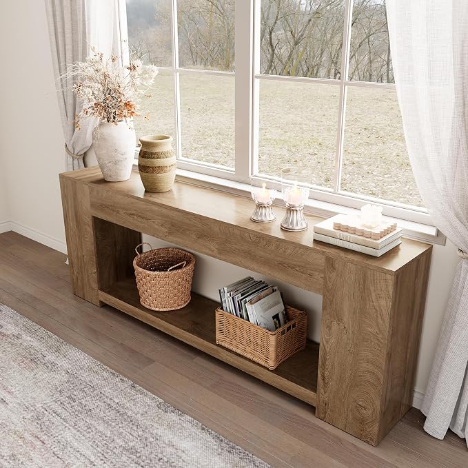 Epecoya 86-Inch Extra Long Console Table for Entryway, Farmhouse Sofa Table Behind Couch Wooden, 2-Tier Entry Console Tables with Storage for Entrance, Living Room, Natural Oak Brown