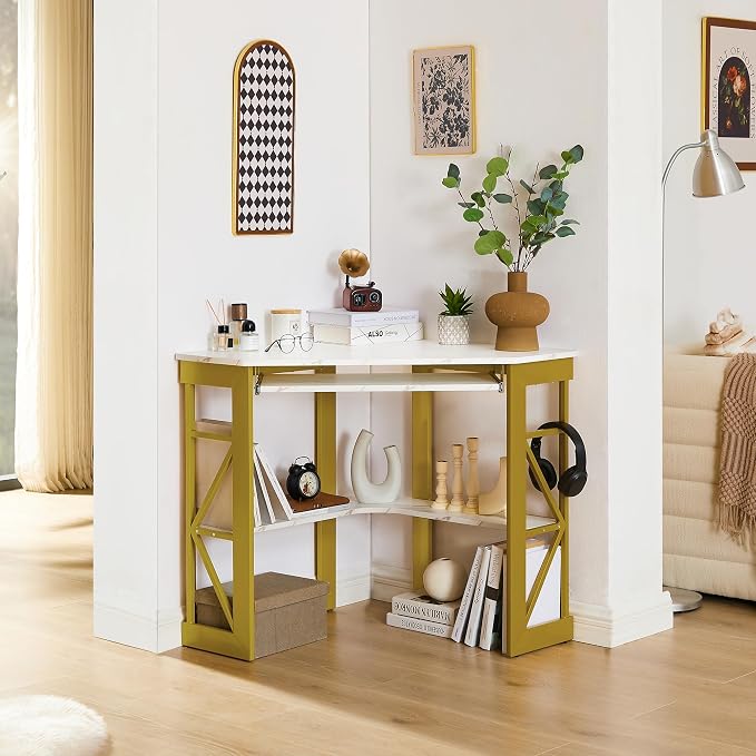 VECELO Corner Computer Desk 41 x 30 inches with Smooth Keyboard & Storage Shelves for Home Office Workstation,White & Gold