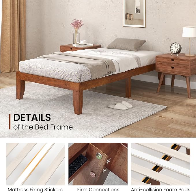 KOMFOTT 14 Inches Wood Platform Bed Frame Twin Size, Wooden Mattress Foundation with Rubber Wood Frame, Strong Wooden Slat Support, No Box Spring Needed, Bed Frame (Brown Cherry)