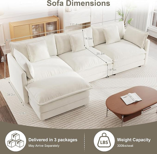 111.5" Modular Sectional Sofa, Large L Shaped Sectionals Cloud Couch, Big Comfy 3-Seat Couch with Ottoman, 4 Seater Chenille Sectional Sofa with Deep Seat and 5 Pillows for Living Room- Beige