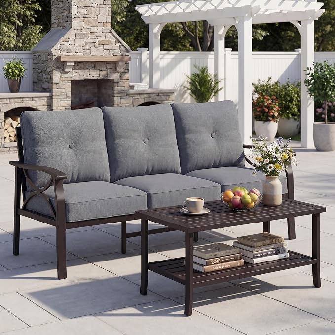 FansaFurn 3 Seats Outdoor Patio Furniture Set, Outdoor Metal Sectional Furniture with Cushions, Outdoor Conversation Set with Coffee Table for Deck, Balcony, Backyard, Garden, Grey
